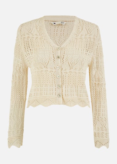 Yumi Beige Crochet Knitted Cropped Cardigan