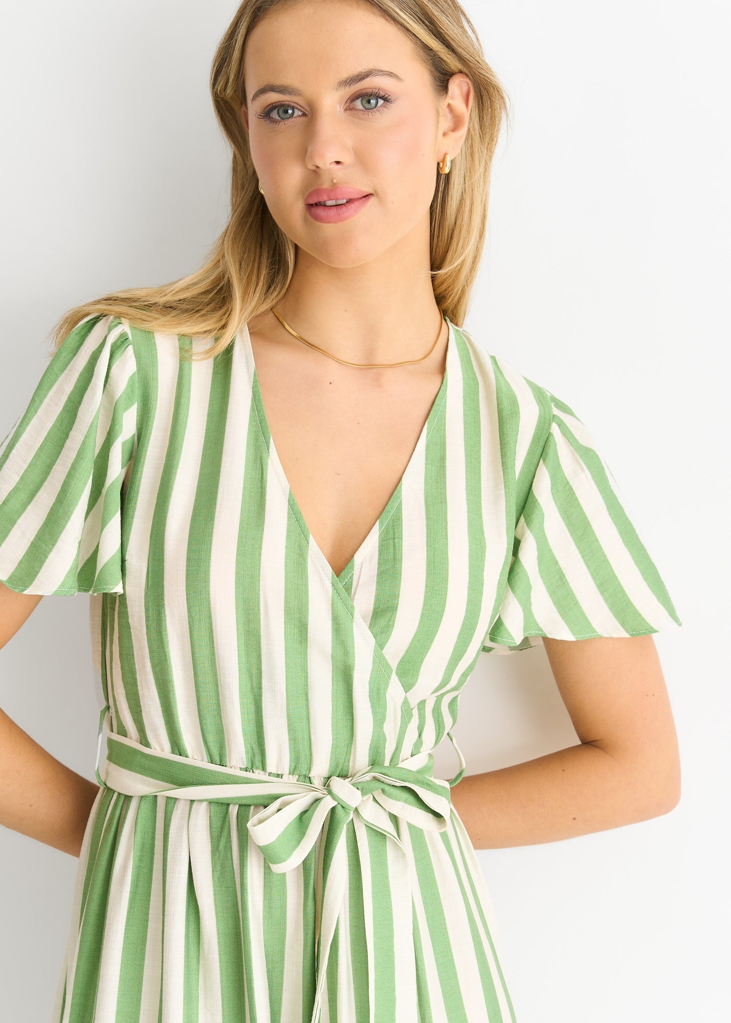 Gini London Sage Green Stripe Wrap Belted Midi Dress - Matalan
