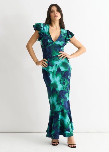 Gini London Green Watercolour Floral Maxi Dress