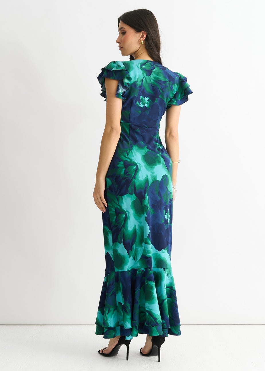 Gini London Green Watercolour Floral Maxi Dress