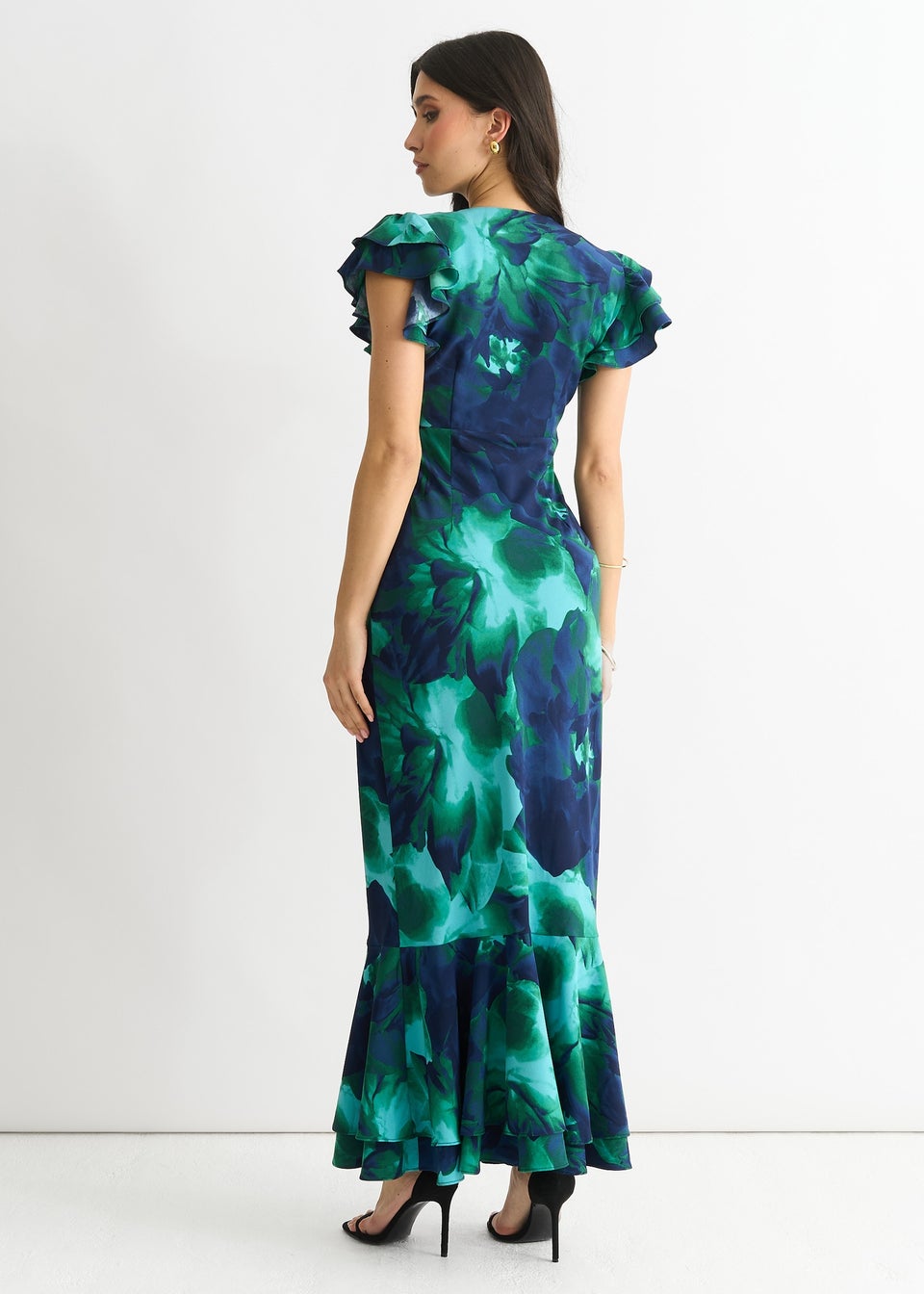 Gini London Green Watercolour Floral Maxi Dress