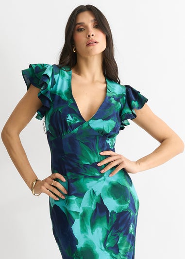 Gini London Green Watercolour Floral Maxi Dress