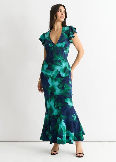 Gini London Green Watercolour Floral Maxi Dress