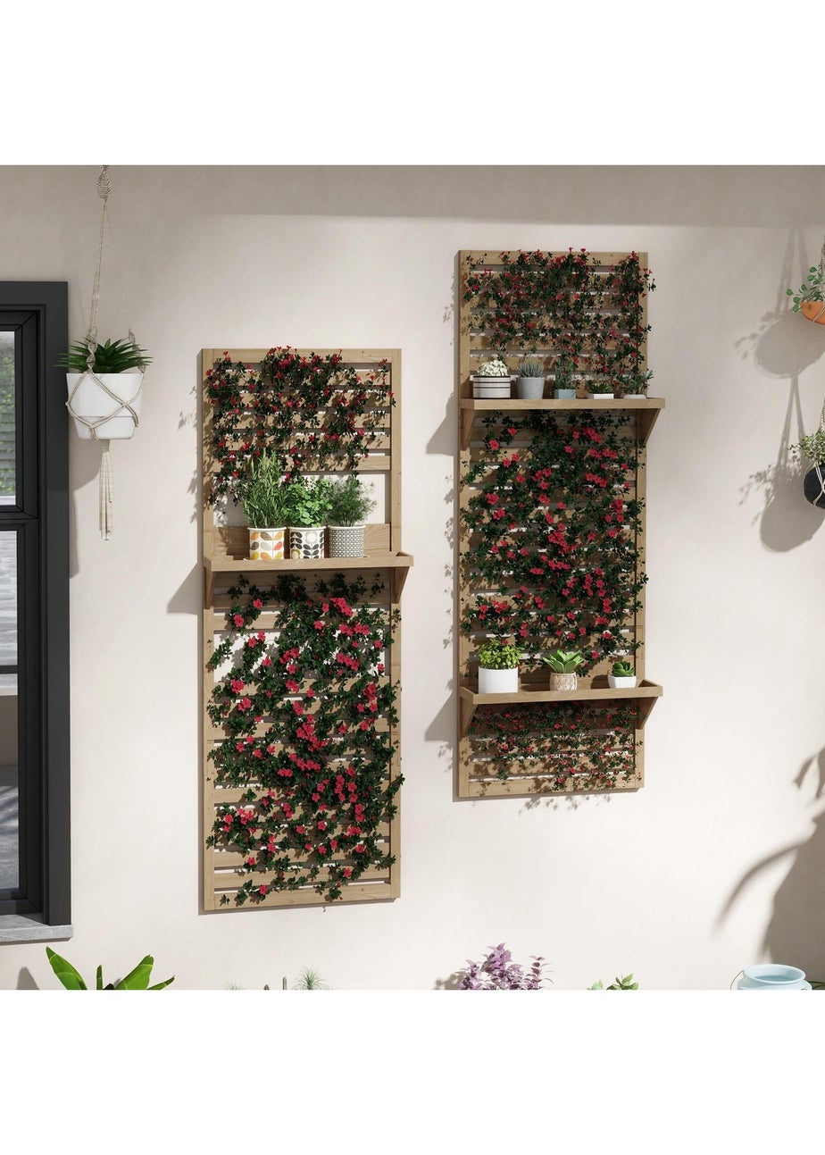 Outsunny Wall Mounted Plant Stands Set of 2 with Shelves and Slatted Trellis