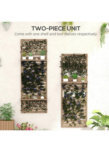 Outsunny Wall Mounted Plant Stands Set of 2 with Shelves and Slatted Trellis