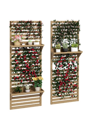 Outsunny Wall Mounted Plant Stands Set of 2 with Shelves and Slatted Trellis