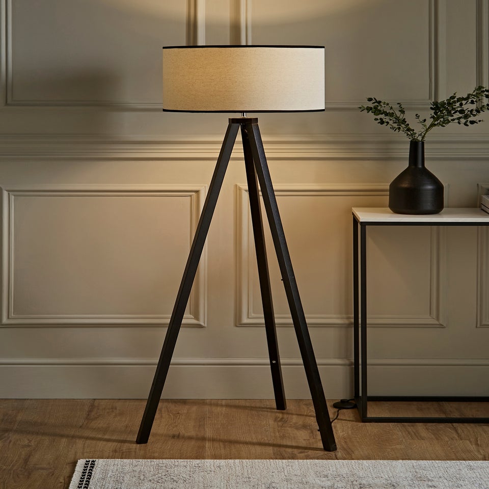 ValueLights Barbro Tripod Wood Black Floor Lamp with Large Drum Trim Shade