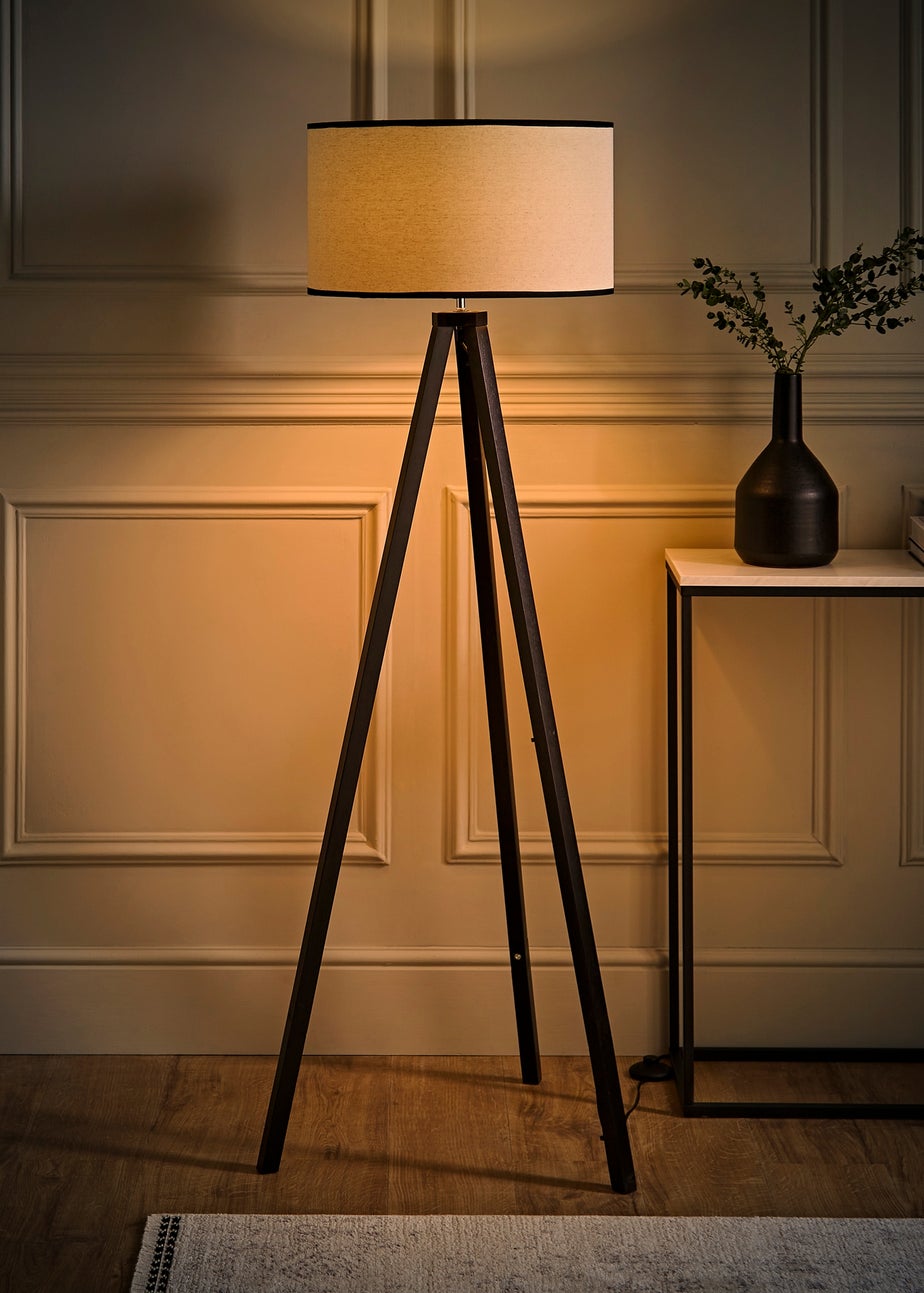ValueLights Barbro Tripod Wood Black Floor Lamp with Large Drum Trim Shade