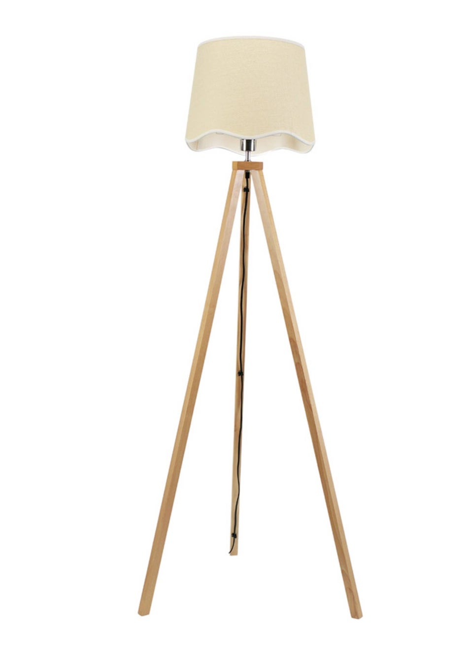 ValueLights Barbro Tripod Oak Effect Floor Lamp with Large Tapered White Trim Shade