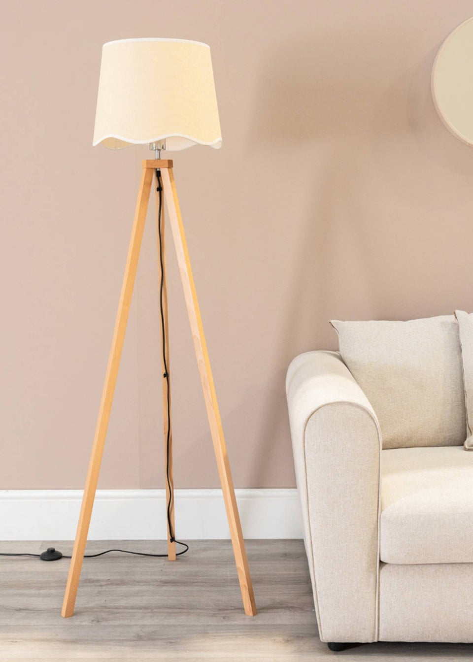 ValueLights Barbro Tripod Oak Effect Floor Lamp with Large Tapered White Trim Shade