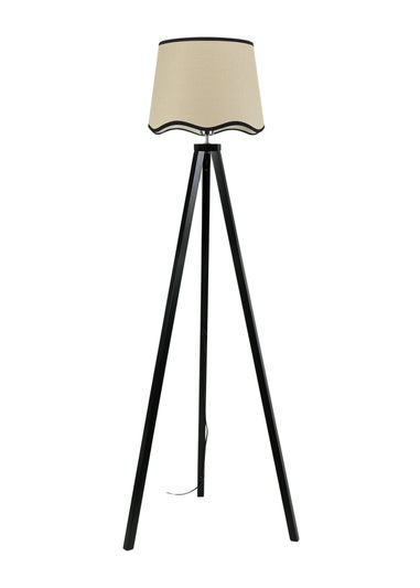 ValueLights Barbro Tripod Wood Black Floor Lamp with Large Tapered Trim Shade