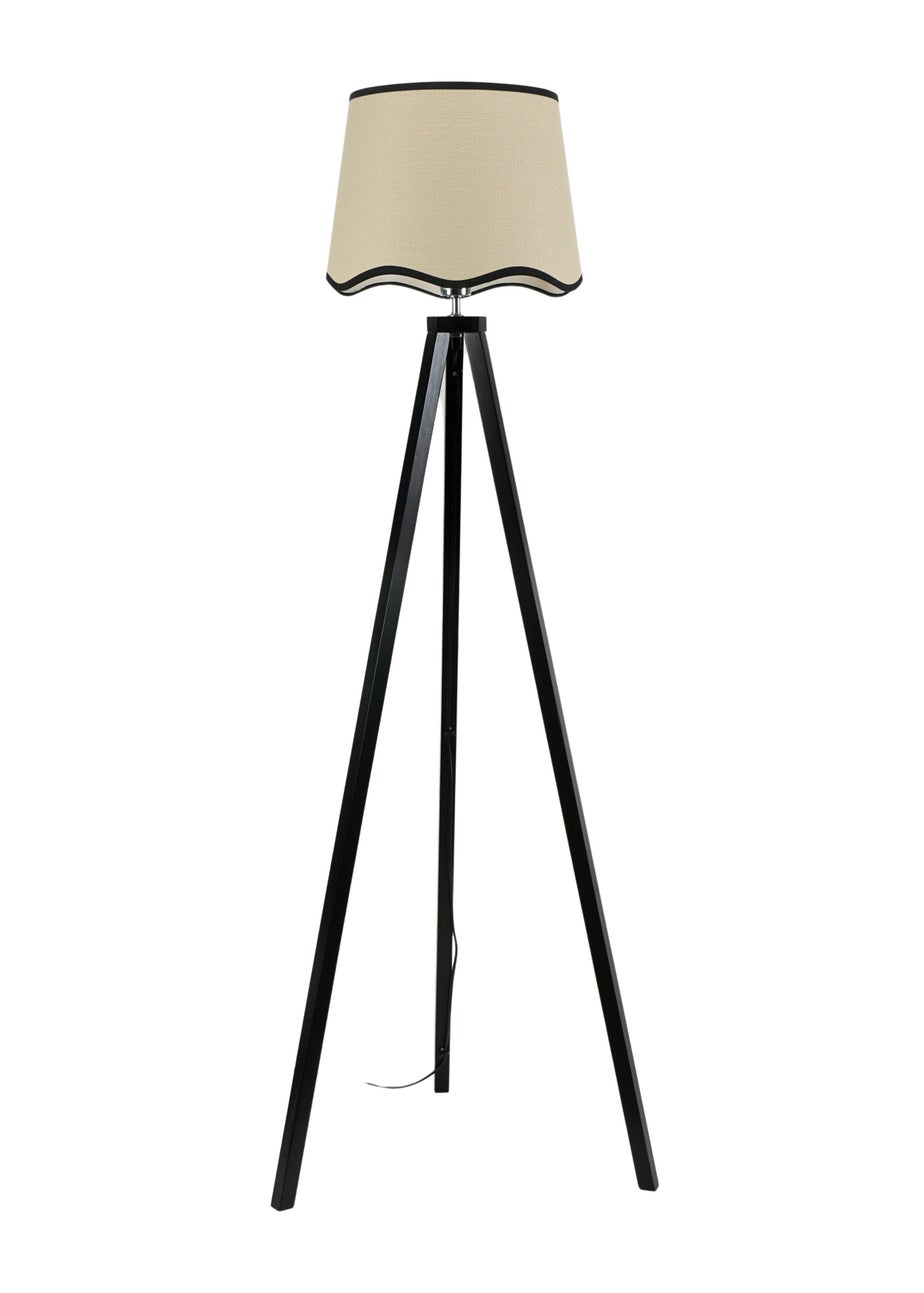 ValueLights Barbro Tripod Wood Black Floor Lamp with Large Tapered Trim Shade
