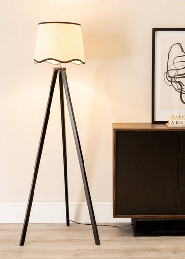 ValueLights Barbro Tripod Wood Black Floor Lamp with Large Tapered Trim Shade