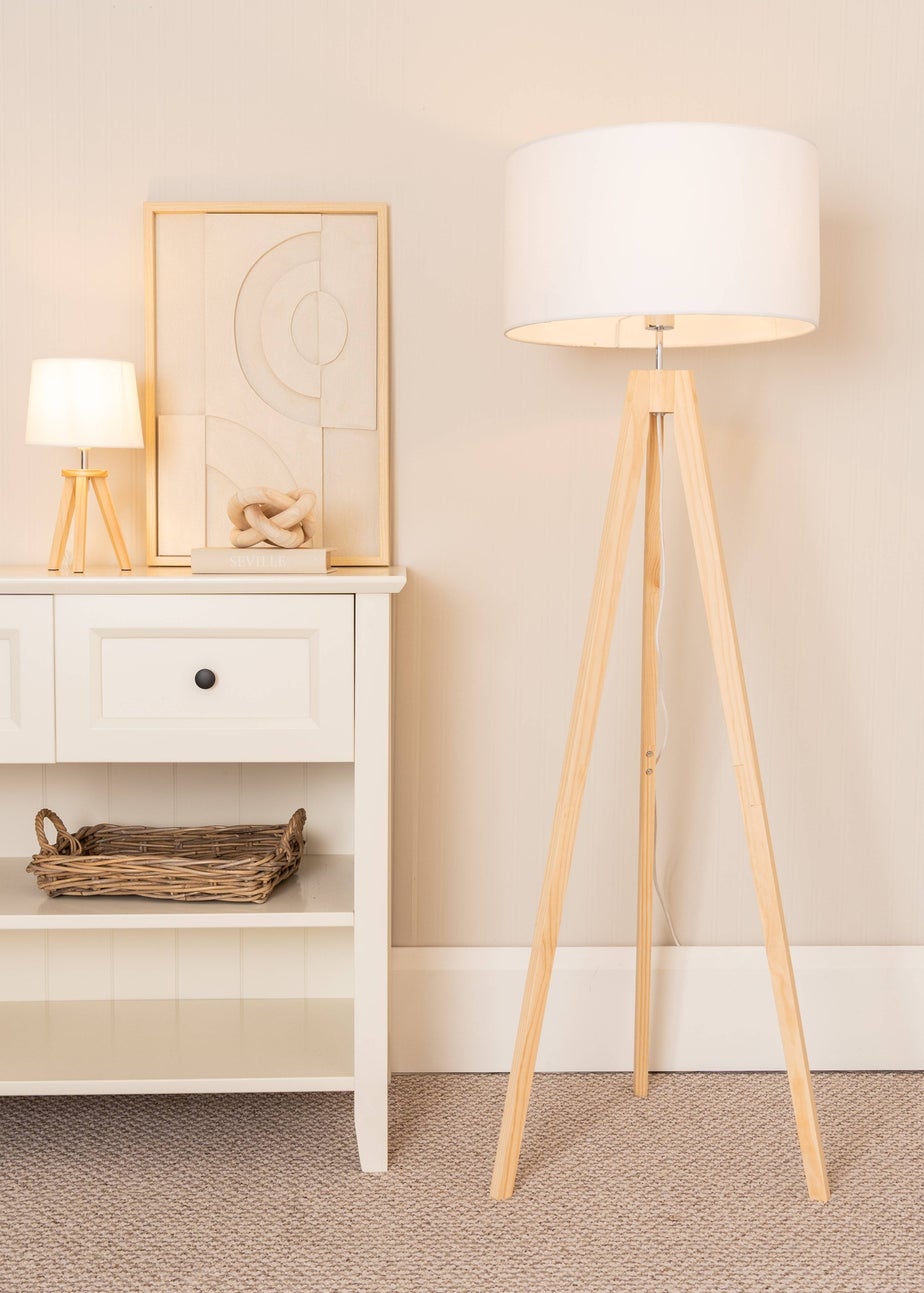 ValueLights Jackson Oak Effect Natural Floor Lamp with Large Drum Shade