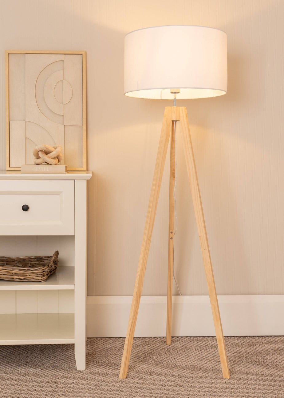 ValueLights Jackson Oak Effect Natural Floor Lamp with Large Drum Shade