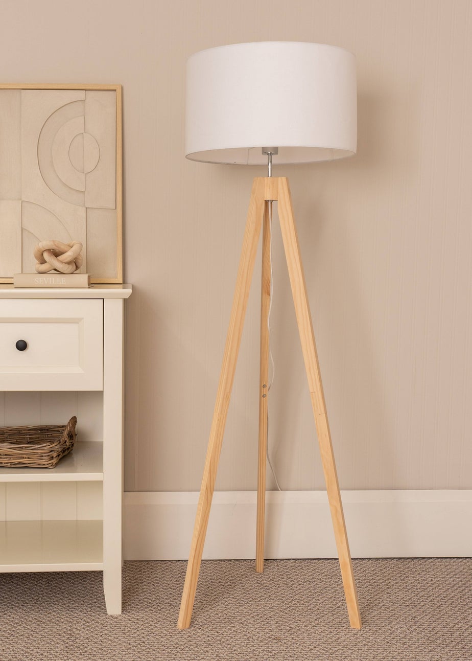 ValueLights Jackson Oak Effect Natural Floor Lamp with Large Drum Shade
