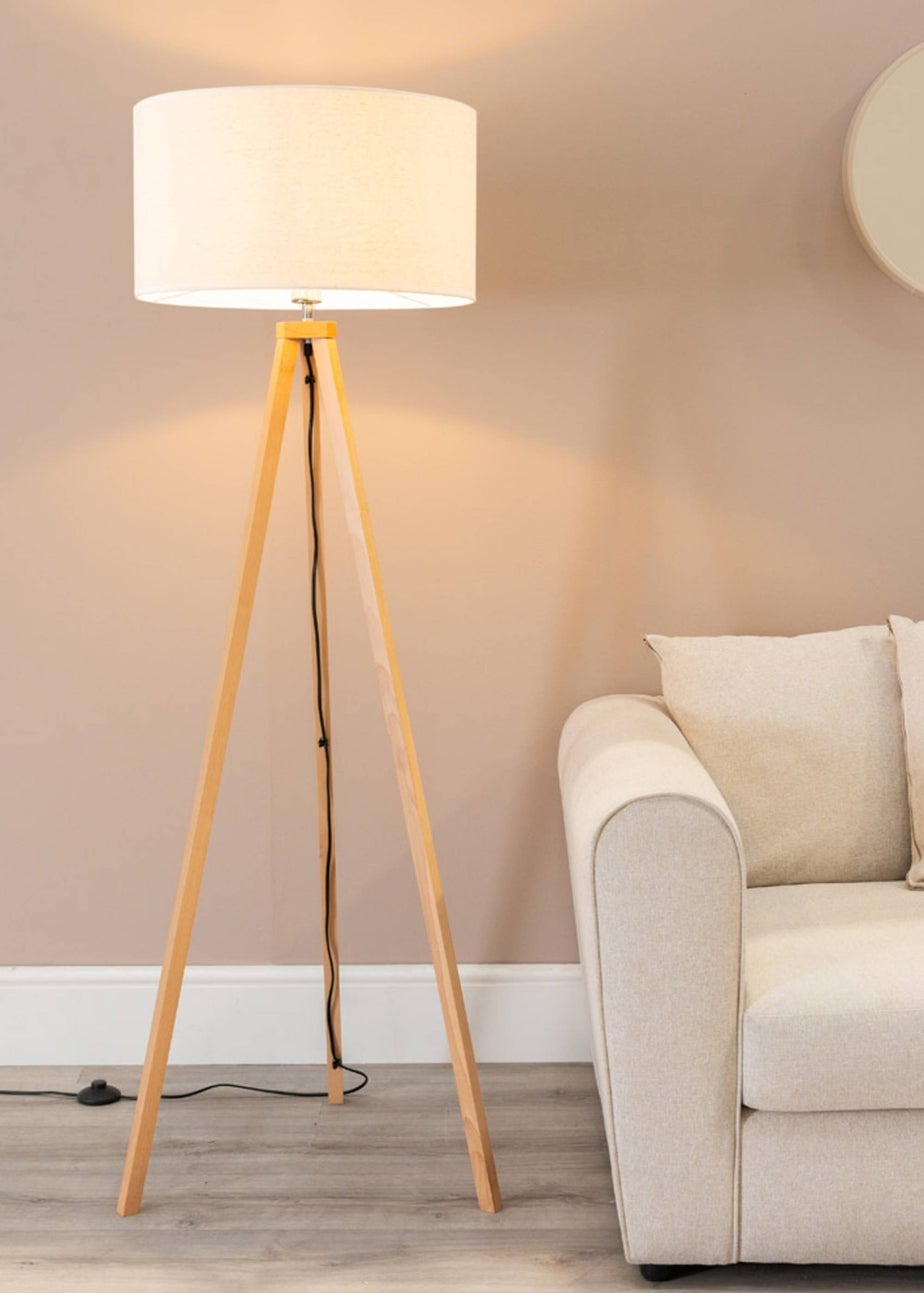 ValueLights Barbro Tripod Oak Effect Natural Floor Lamp with Large Drum Trim Shade