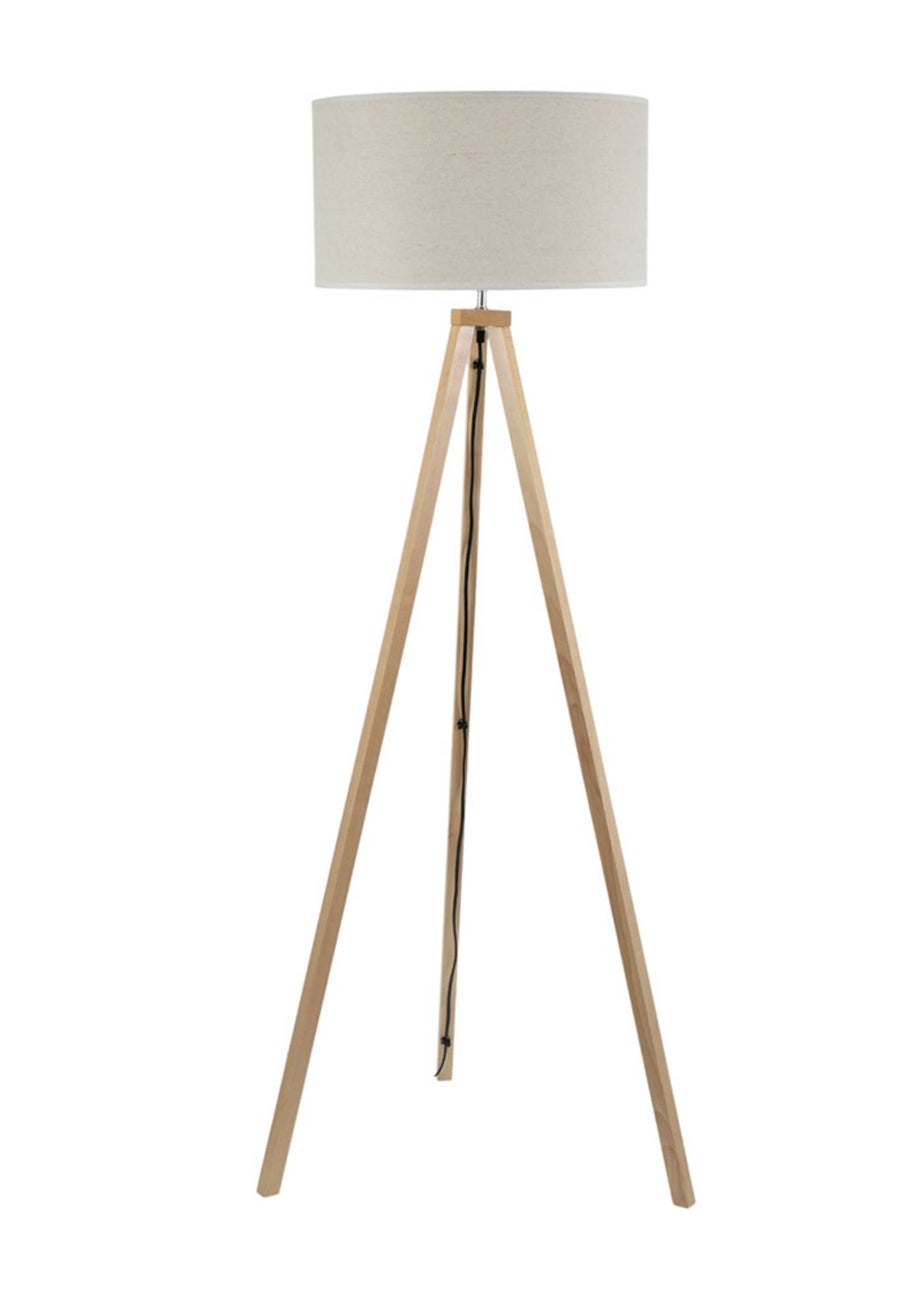 ValueLights Barbro Tripod Oak Effect Natural Floor Lamp with Large Drum Trim Shade