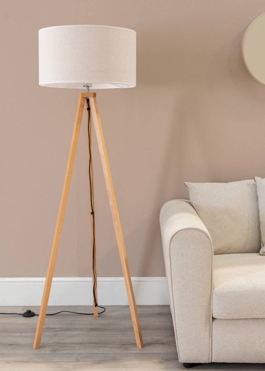 ValueLights Barbro Tripod Oak Effect Natural Floor Lamp with Large Drum Trim Shade