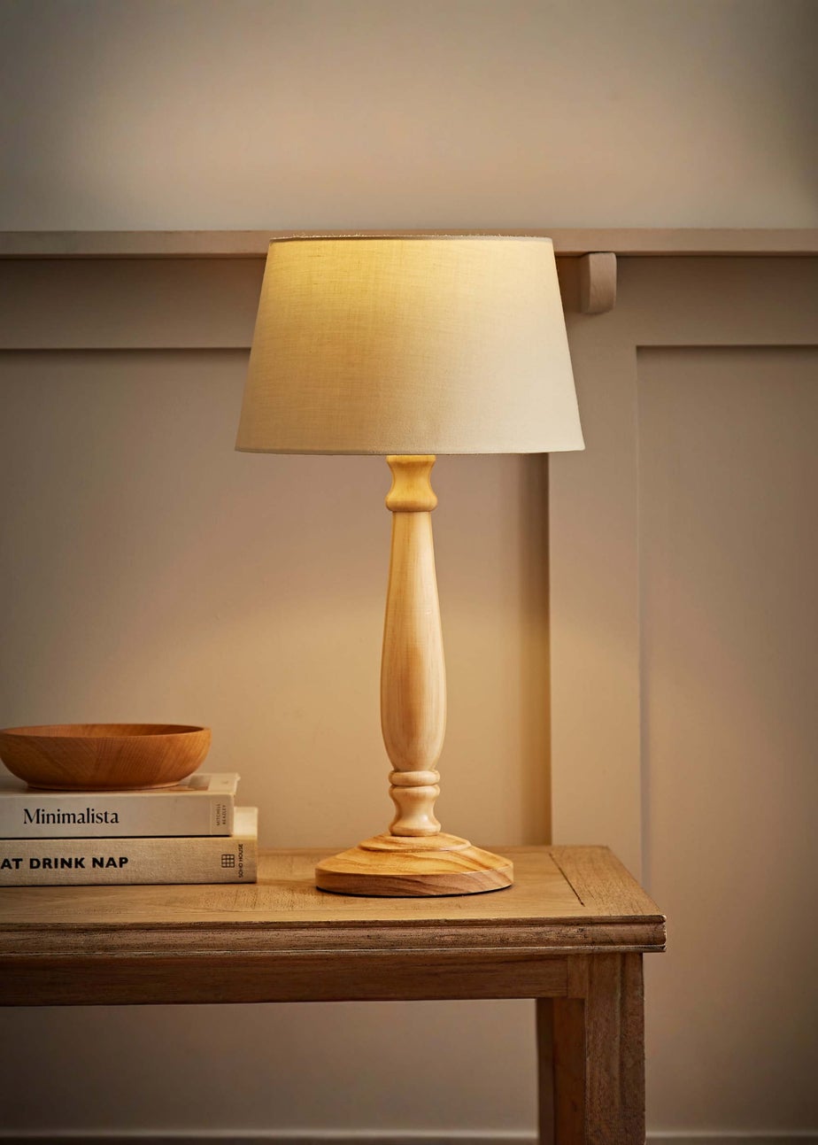 ValueLights Victoria Oak Effect Natural Table Lamp with Small Tapered Shade