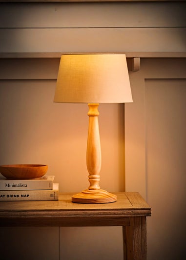 ValueLights Victoria Oak Effect Natural Table Lamp with Small Tapered Shade