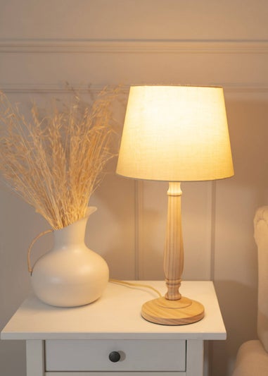 ValueLights Victoria Oak Effect Natural Table Lamp with Small Tapered Shade