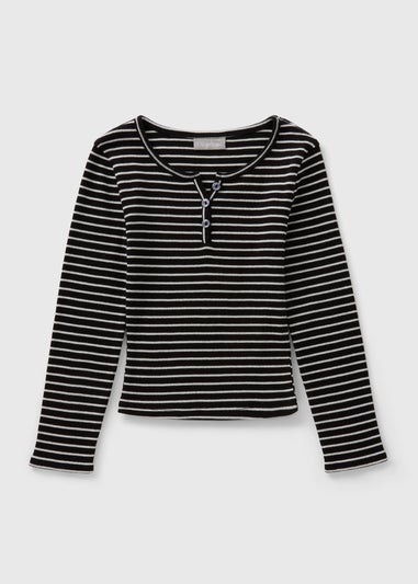 Girls Black Stripe Ribbed Button Henley Top (7-15yrs)