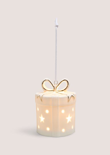 Handmade Cream Ceramic LED Christmas Present Tree Decoration