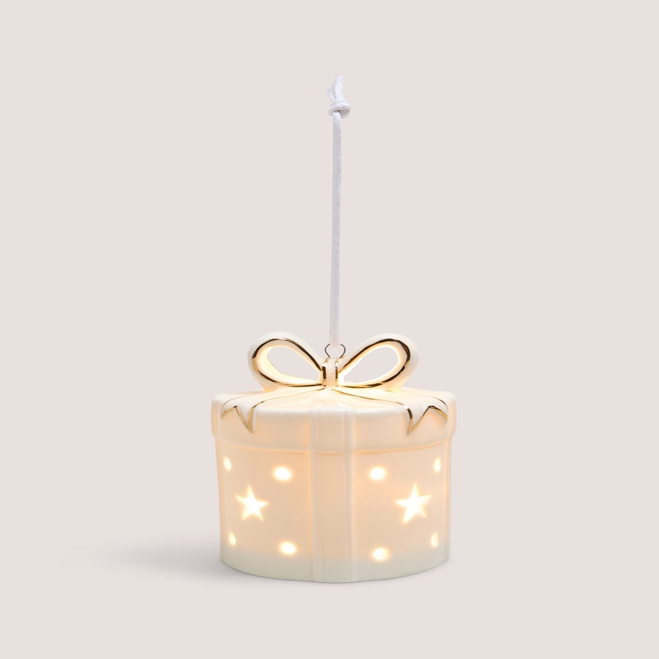 Handmade Cream Ceramic LED Christmas Present Tree Decoration