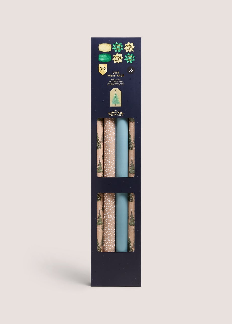 4 Pack Neutral Kraft Christmas Trees Gift Wrap Set