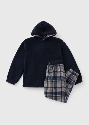 Navy Check Hooded Fleece Pyjama Set