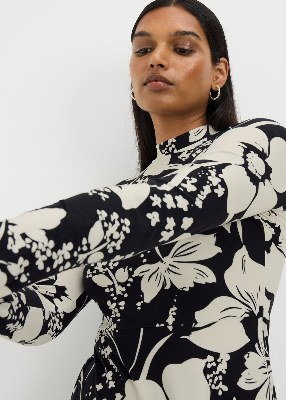 Black Mono Large Floral Supersoft Mini Dress