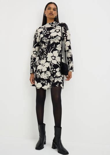 Black Mono Large Floral Supersoft Mini Dress