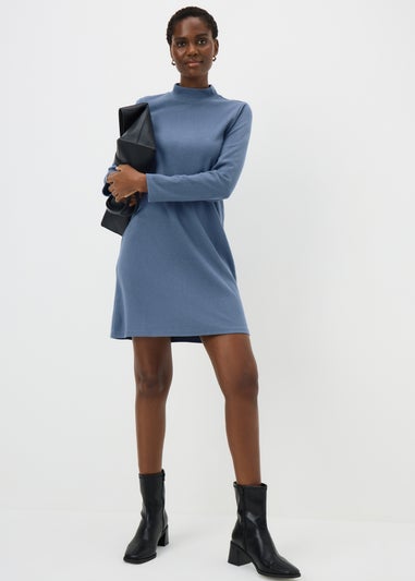 Blue High Neck Cosy Mini Dress