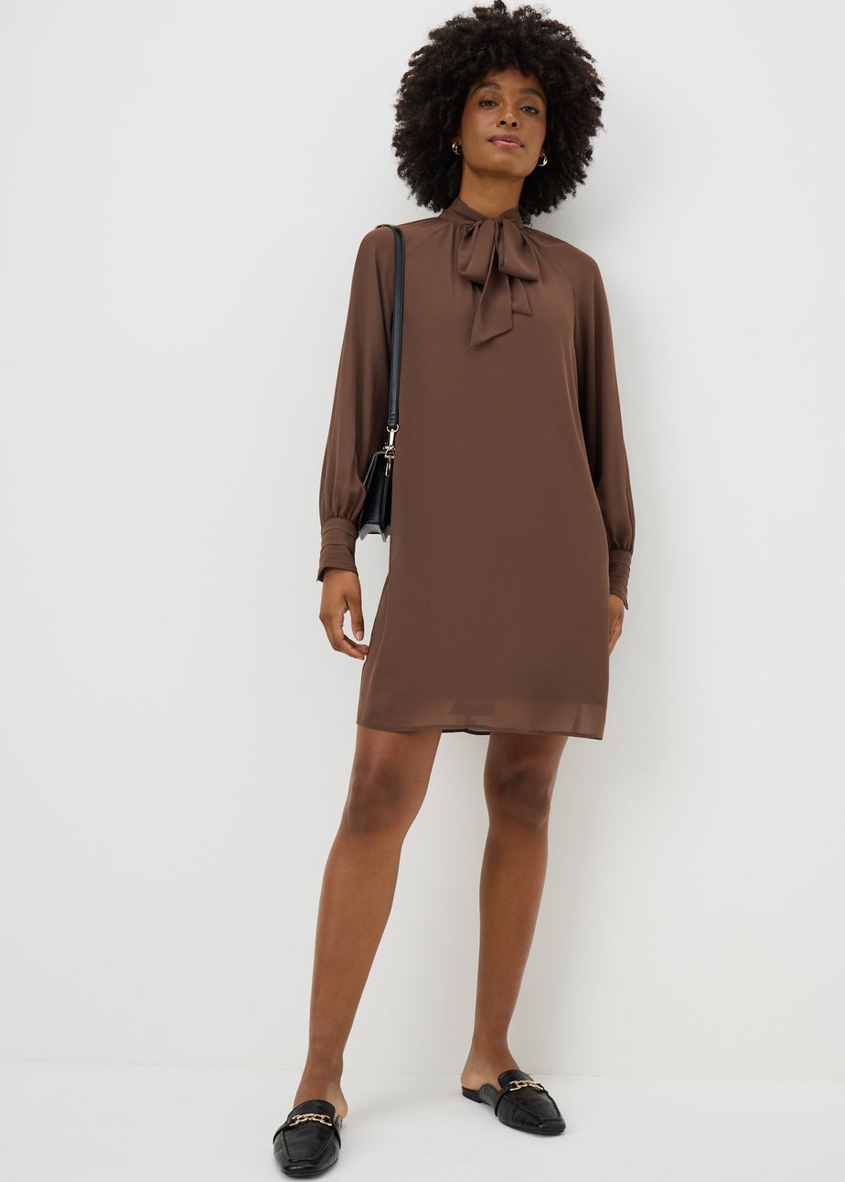 Brown Tie Neck Mini Dress