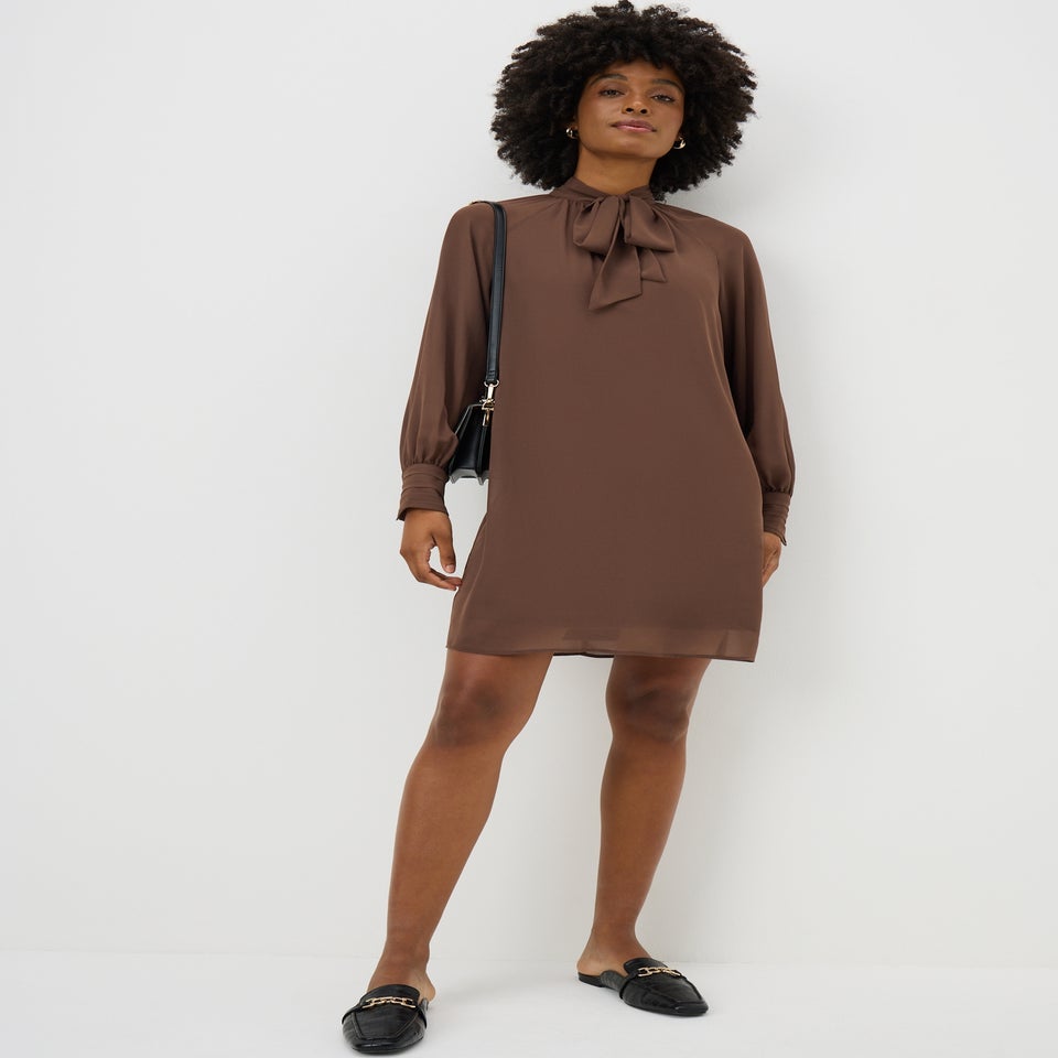 Brown Tie Neck Mini Dress