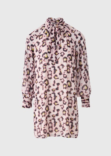Pink Animal Print Tie Neck Mini Dress