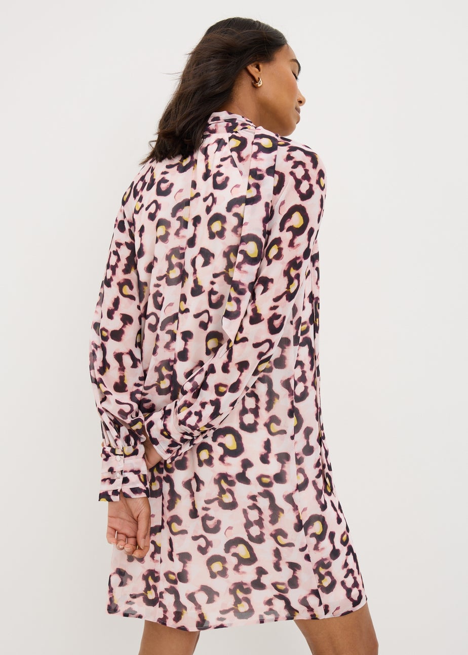 Pink Animal Print Tie Neck Mini Dress