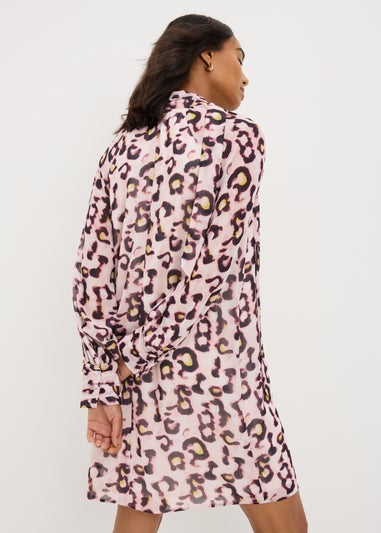 Pink Animal Print Tie Neck Mini Dress