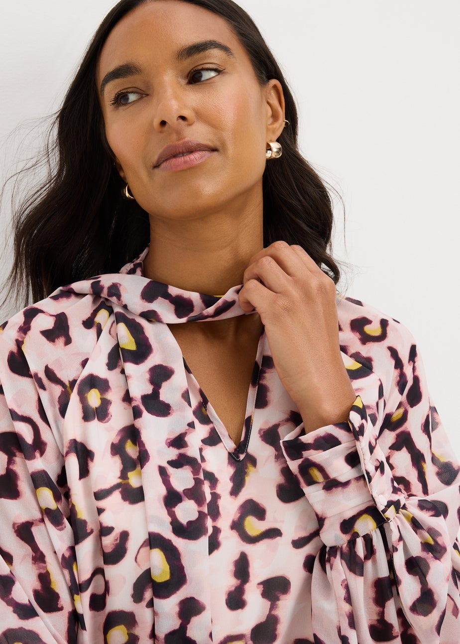 Pink Animal Print Tie Neck Mini Dress