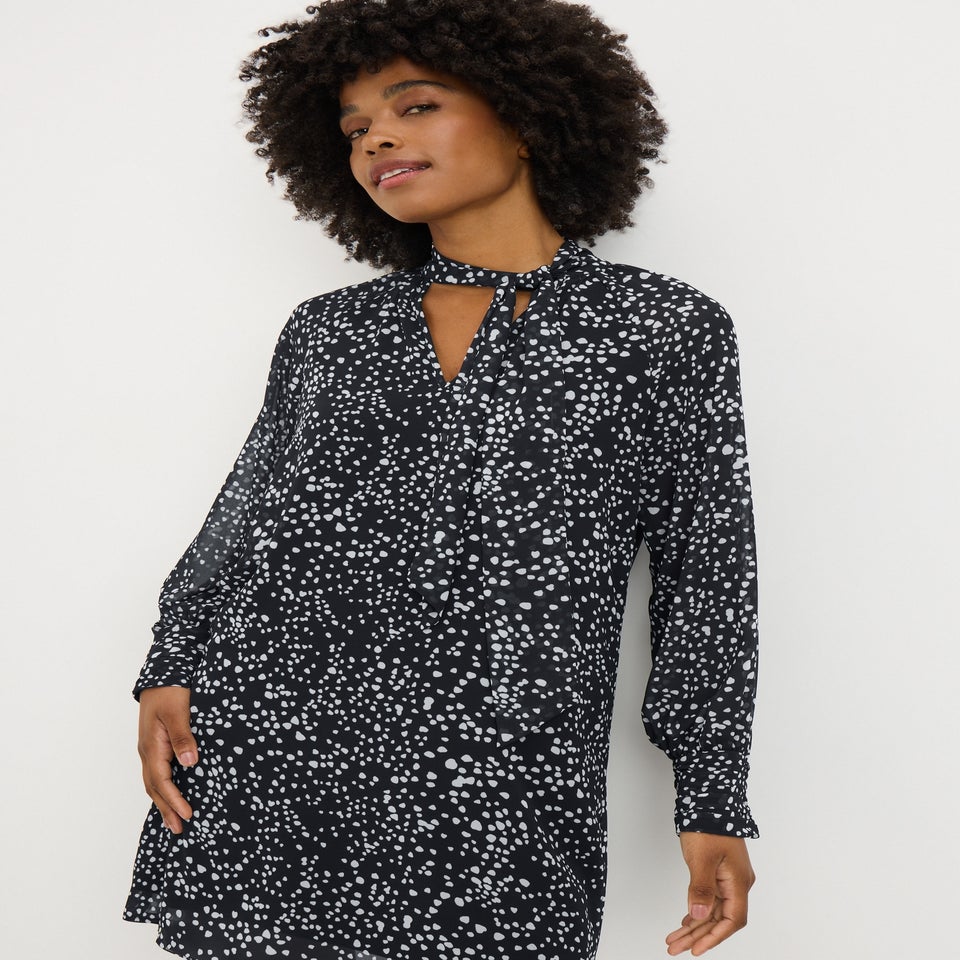 Black Spot Tie Neck Mini Dress