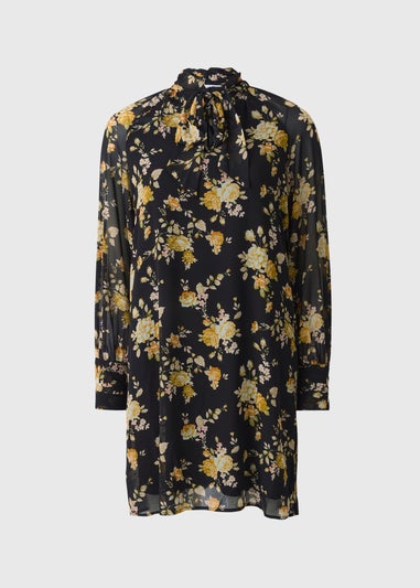 Black Floral Tie Neck Mini Dress