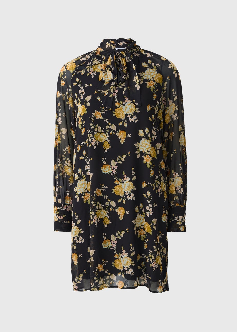 Black Floral Tie Neck Mini Dress