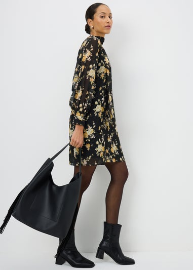 Black Floral Tie Neck Mini Dress