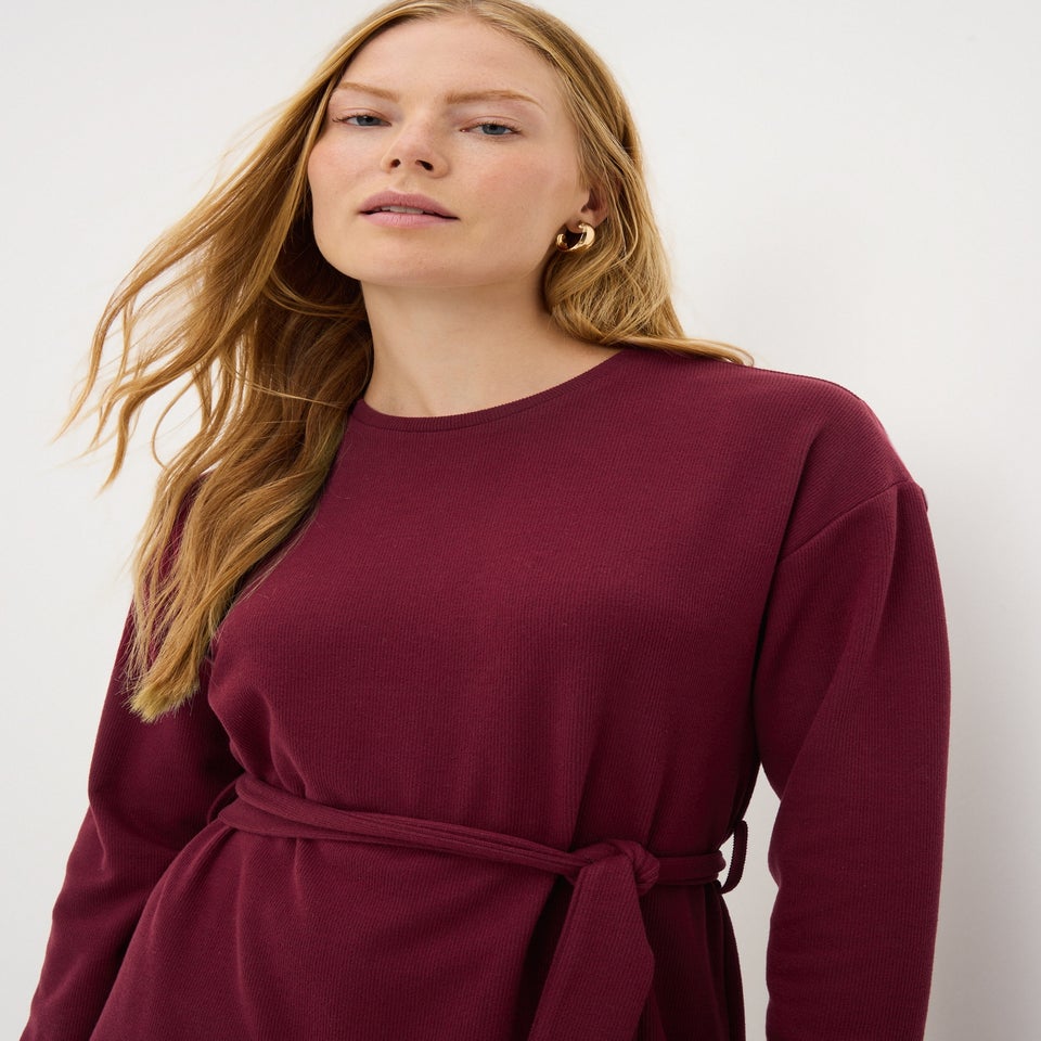 Burgundy Cosy Rib Belted Midi Dress