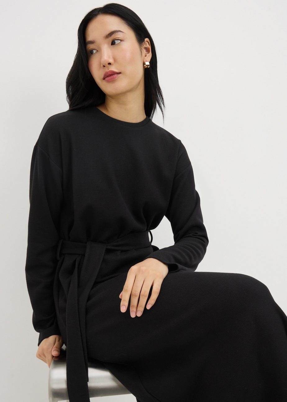 Black Cosy Rib Belted Midi Dress
