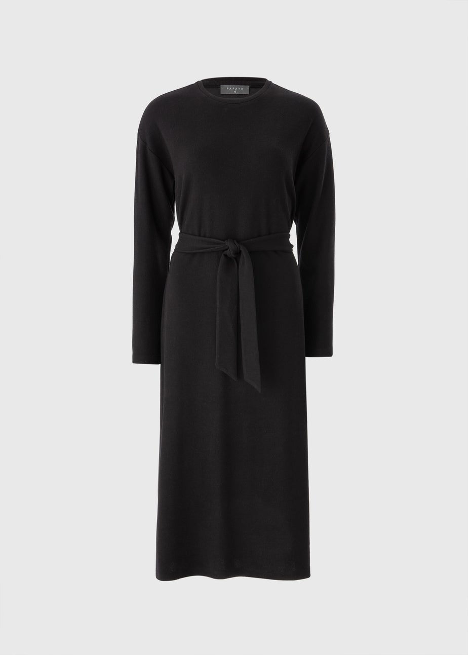 Black Cosy Rib Belted Midi Dress