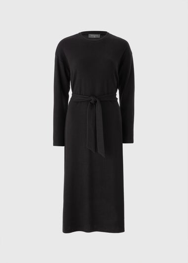 Black Cosy Rib Belted Midi Dress