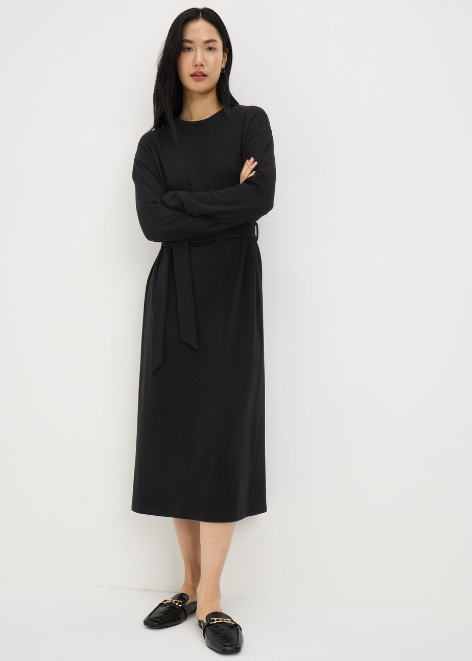 Black Cosy Rib Belted Midi Dress
