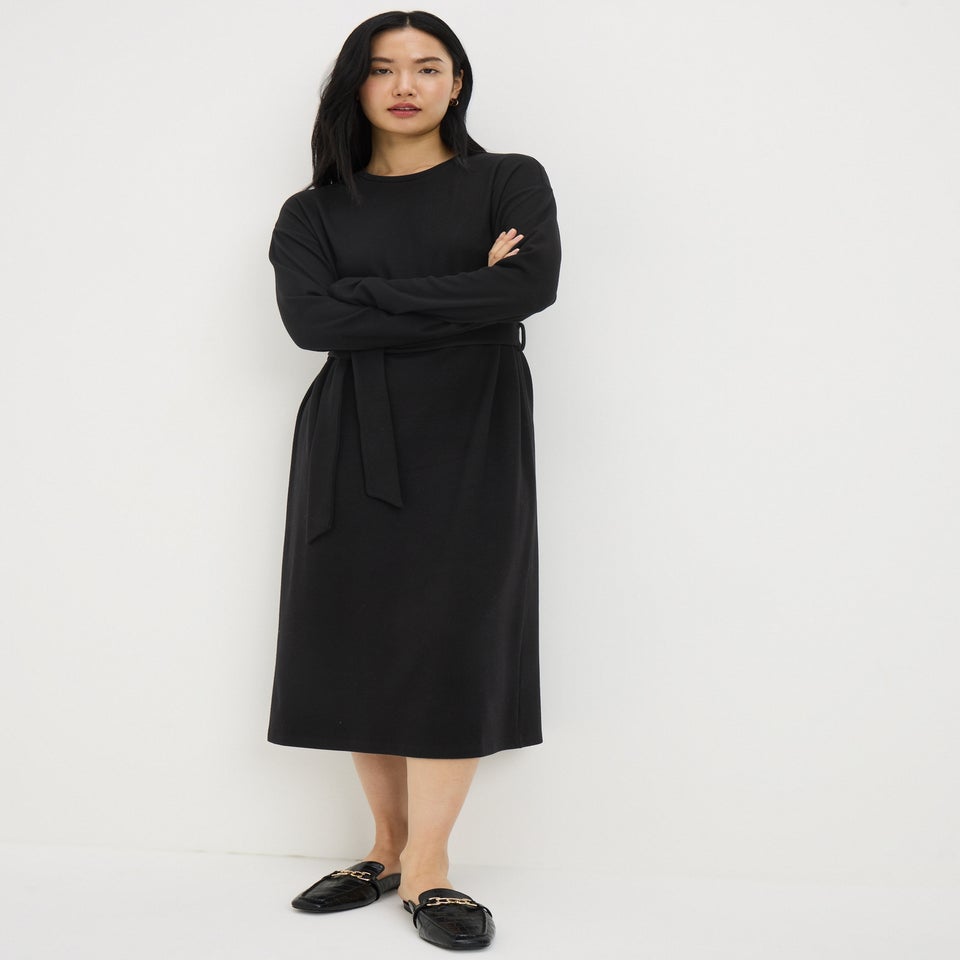 Black Cosy Rib Belted Midi Dress